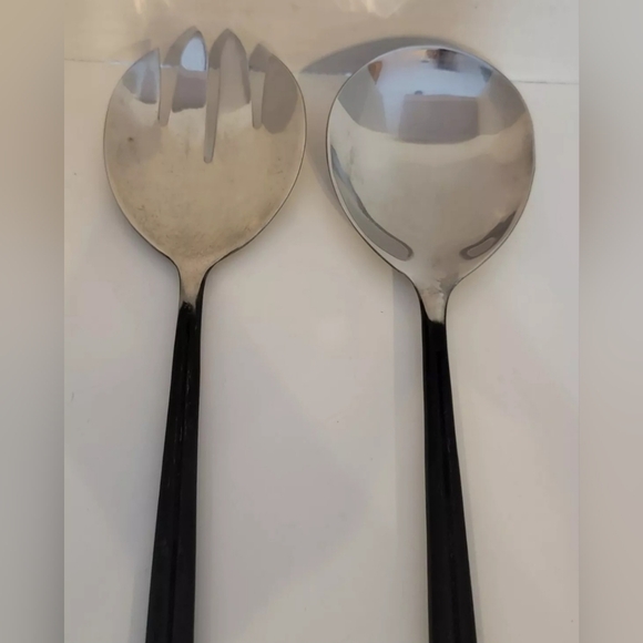 Vintage MCM Stainless Steel Salad Set Fork&Spoon 11.5" Grooved Matte Handles - Picture 7 of 7